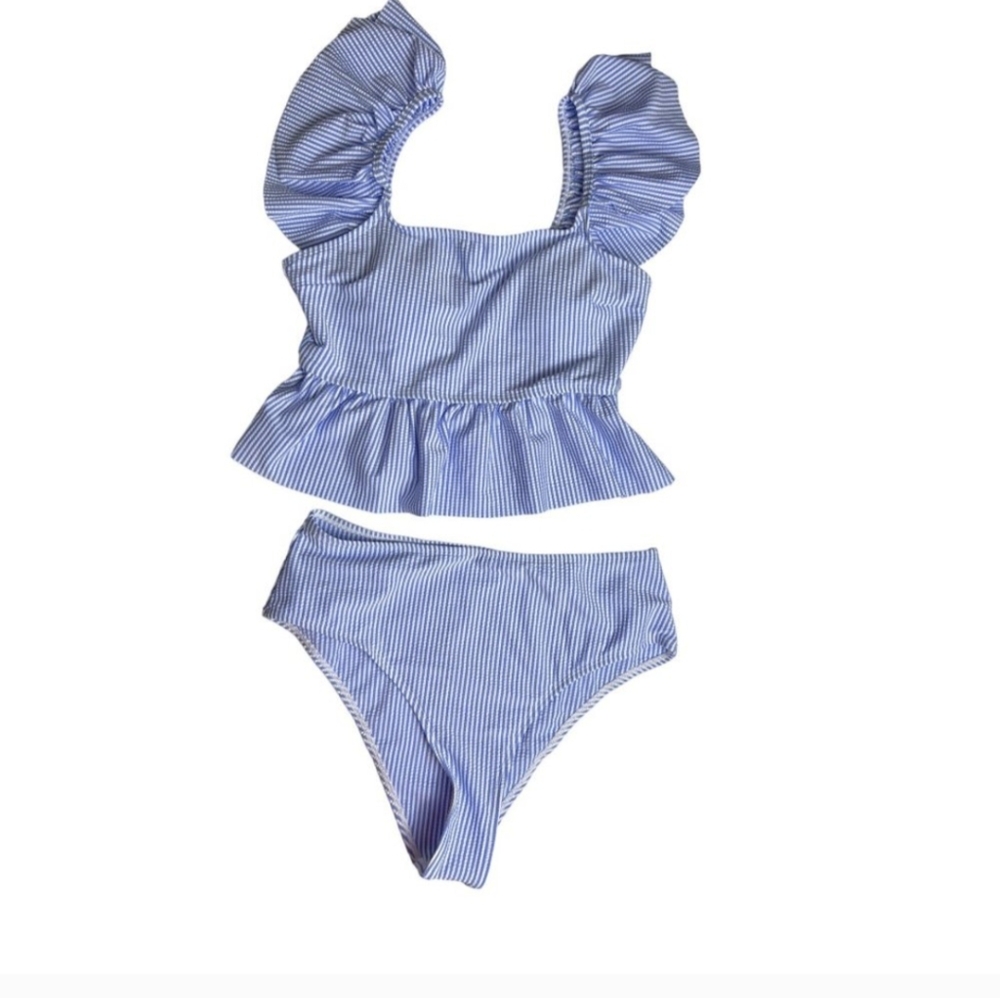 MED top with LG bottom white blue striped ruffle padded bikini